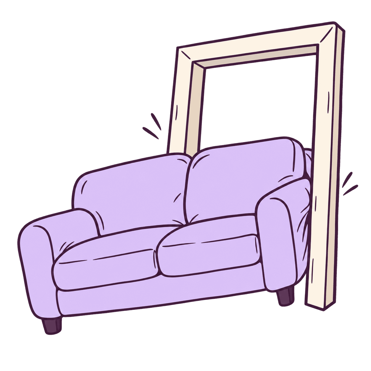 A couch squeezed halfway through a doorway