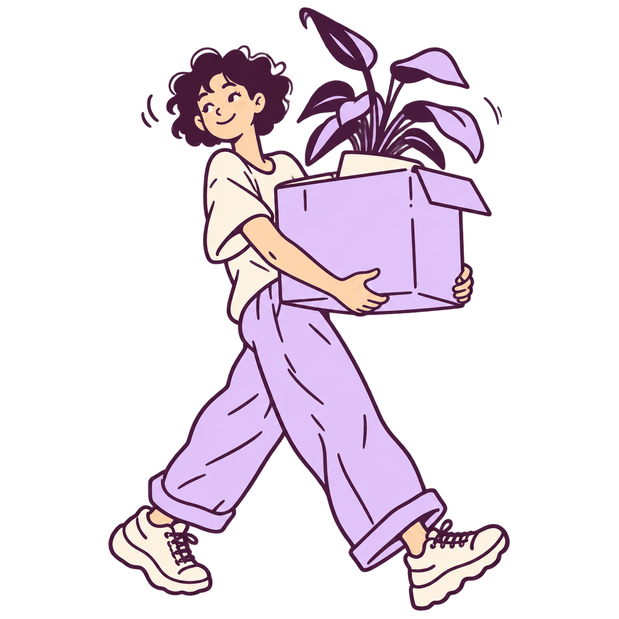 A renter carrying a moving box with a houseplant poking out