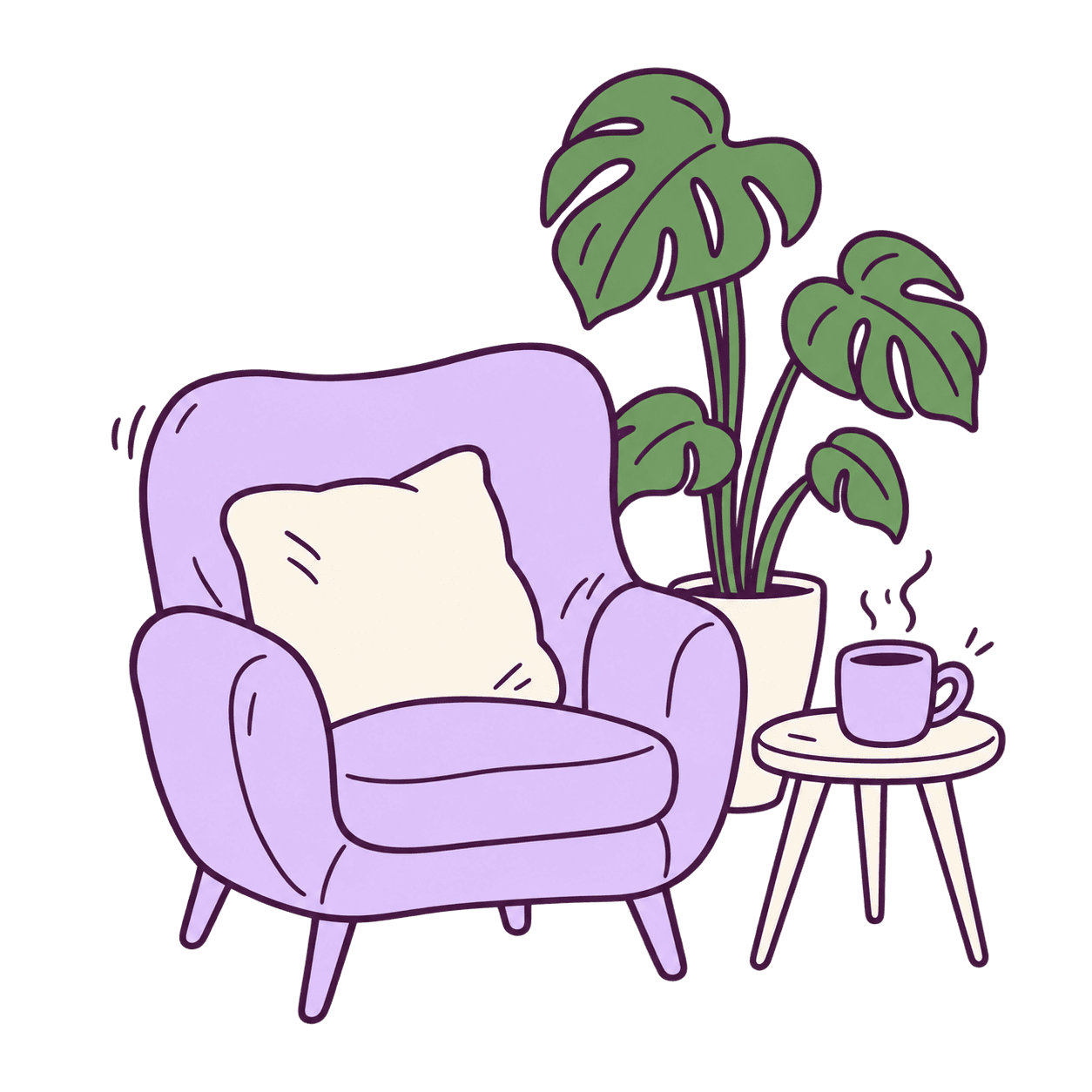 A cosy armchair with a coffee and a leafy houseplant