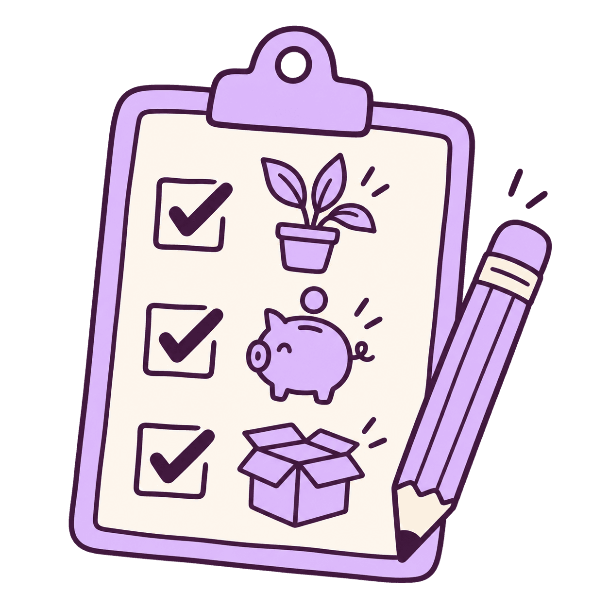 A wishlist with a plant, budget and moving box